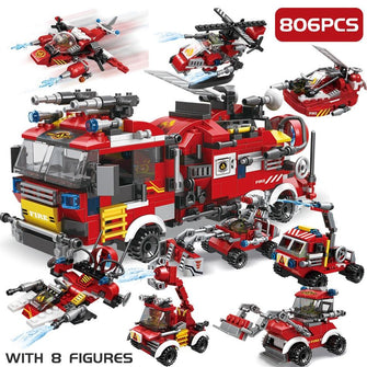 City 8 in 1 Fire Fighting Trucks Car Helicopter Boat Building Blocks Firefighter Fireman Figure Brick Toys