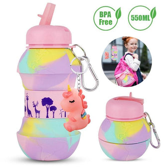 Pink unicorn with key chain Foldable Kids Water Bottle - Sticky Balls Boutique