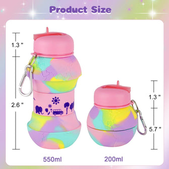 picture of product size showing collapsible pink unicorn water bottle converting to a ball - Sticky Balls Boutique 